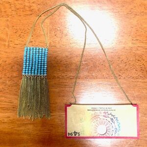 Blue-green Beaded Fringe Necklace with Gold Chains
